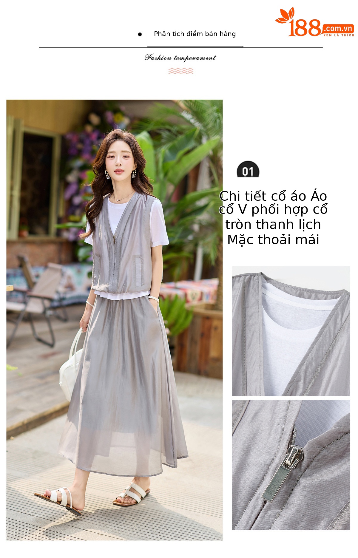 Bộ hai mảnh áo phối ren và chân váy midi thanh lịch mùa hè — màu xám chi tiết 8