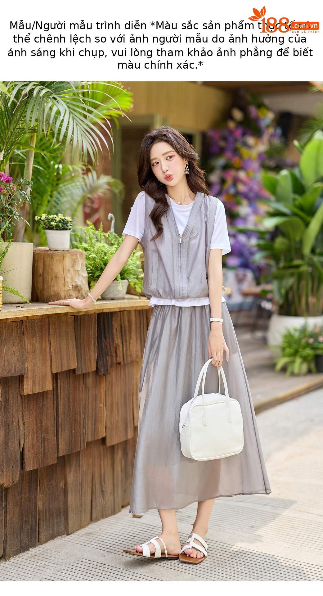 Bộ hai mảnh áo phối ren và chân váy midi thanh lịch mùa hè — màu xám chi tiết 14