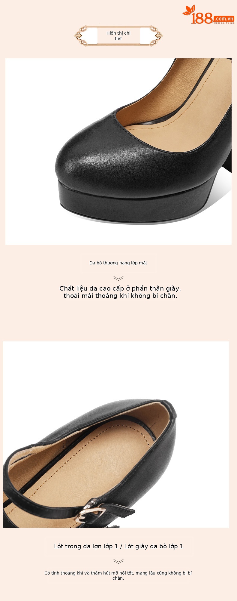 Giày cao gót nữ đế xuồng platform mũi tròn miệng cạn da thật quai một dây, gót 14 cm — Gạo trắng 14cm chi tiết 3