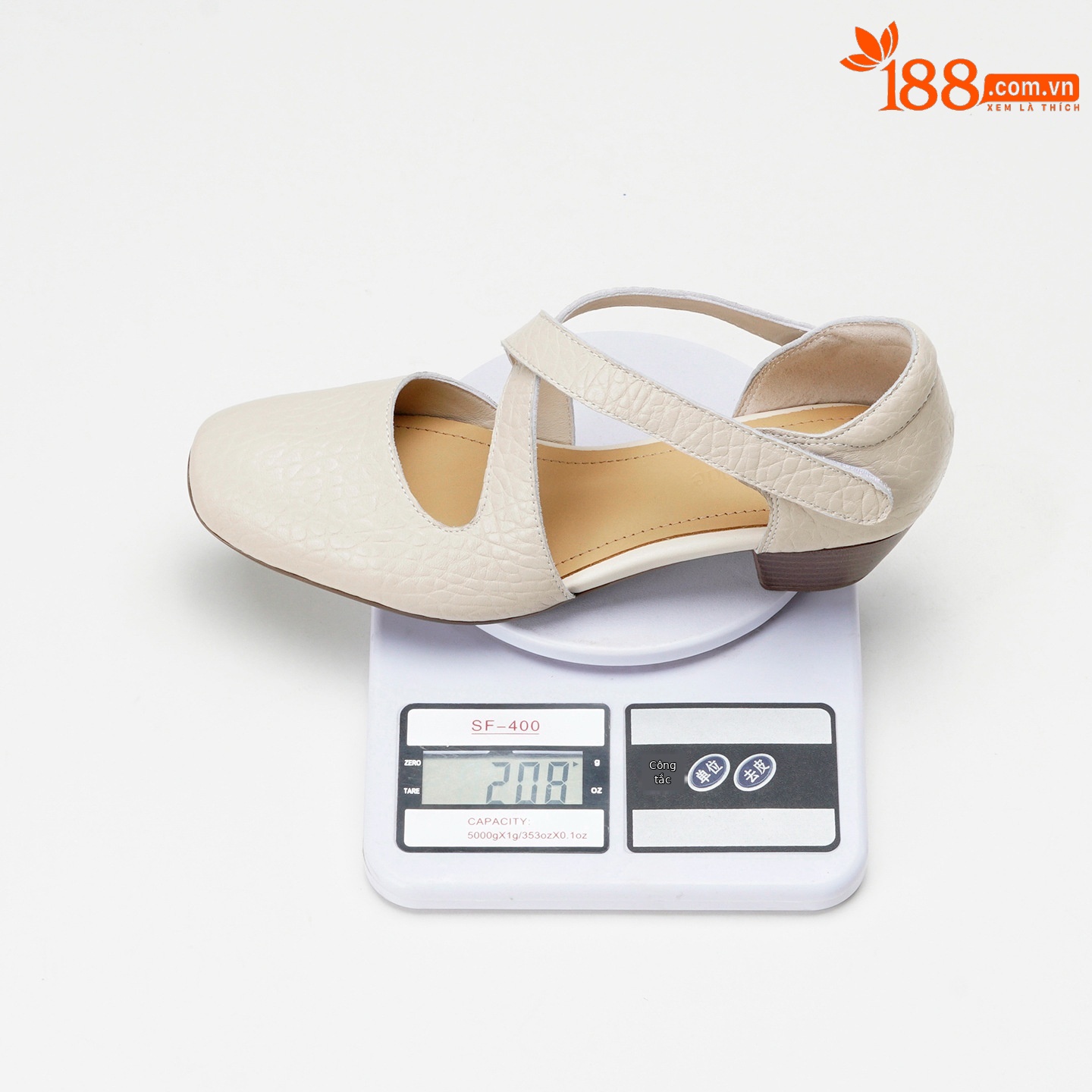 Sandal nữ da cừu mũi trùm gót vuông quai chéo dán — màu trắng ngà chi tiết 1