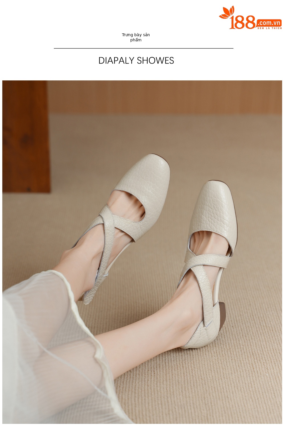 Sandal nữ da cừu mũi trùm gót vuông quai chéo dán — màu trắng ngà chi tiết 5
