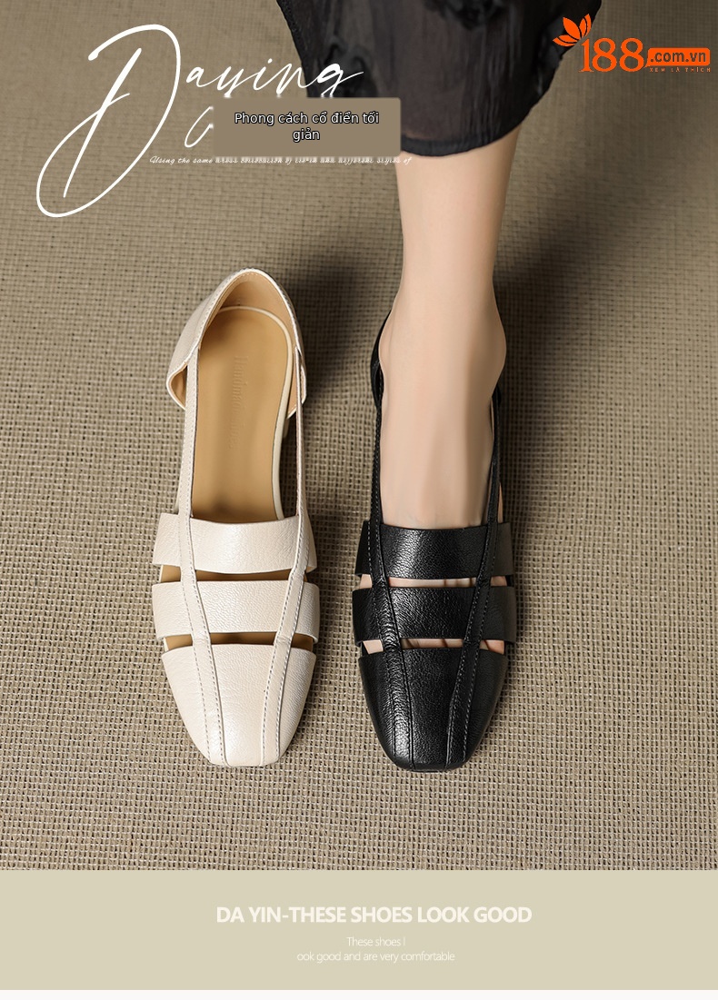 Dép sandal nữ bao đầu rỗng gót thấp 3 cm, mũi tròn kiểu dệt, phong cách đơn giản đi làm — đen chi tiết 1