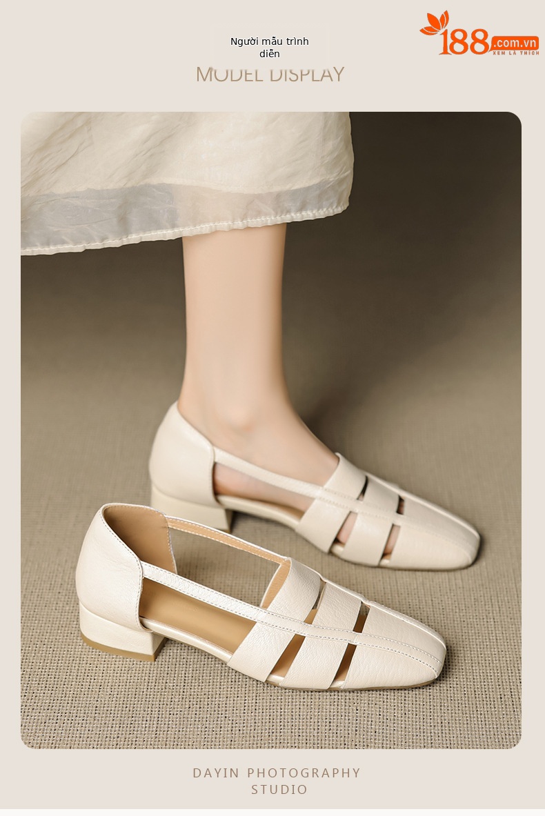Dép sandal nữ bao đầu rỗng gót thấp 3 cm, mũi tròn kiểu dệt, phong cách đơn giản đi làm — đen chi tiết 10