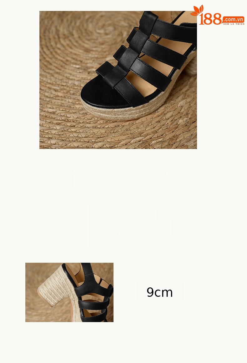 Sandal cao gót nữ hở mũi phong cách La Mã đế dày gót thô — đen chi tiết 3