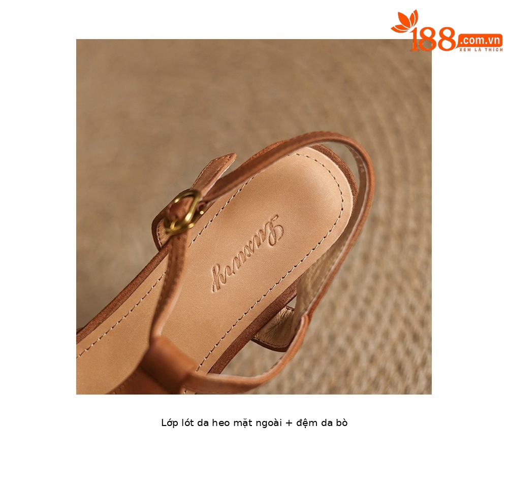 Sandal nữ da cừu mũi nhọn gót vuông quai ngang kiểu La Mã đan rỗng — màu nâu chi tiết 20