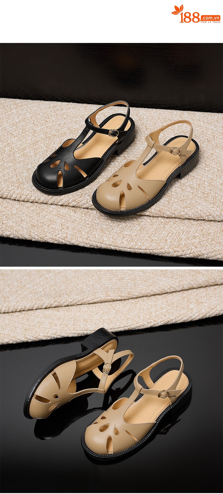 Sandal nữ da bò kiểu La Mã quai chữ T gót thấp — màu nâu chi tiết 14
