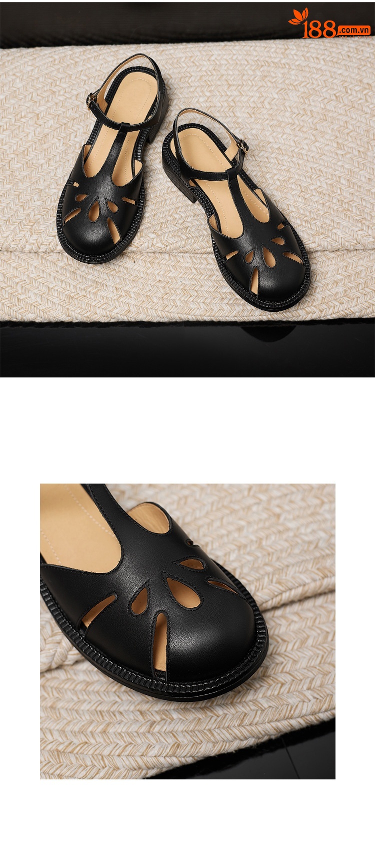 Sandal nữ da bò kiểu La Mã quai chữ T gót thấp — màu nâu chi tiết 16