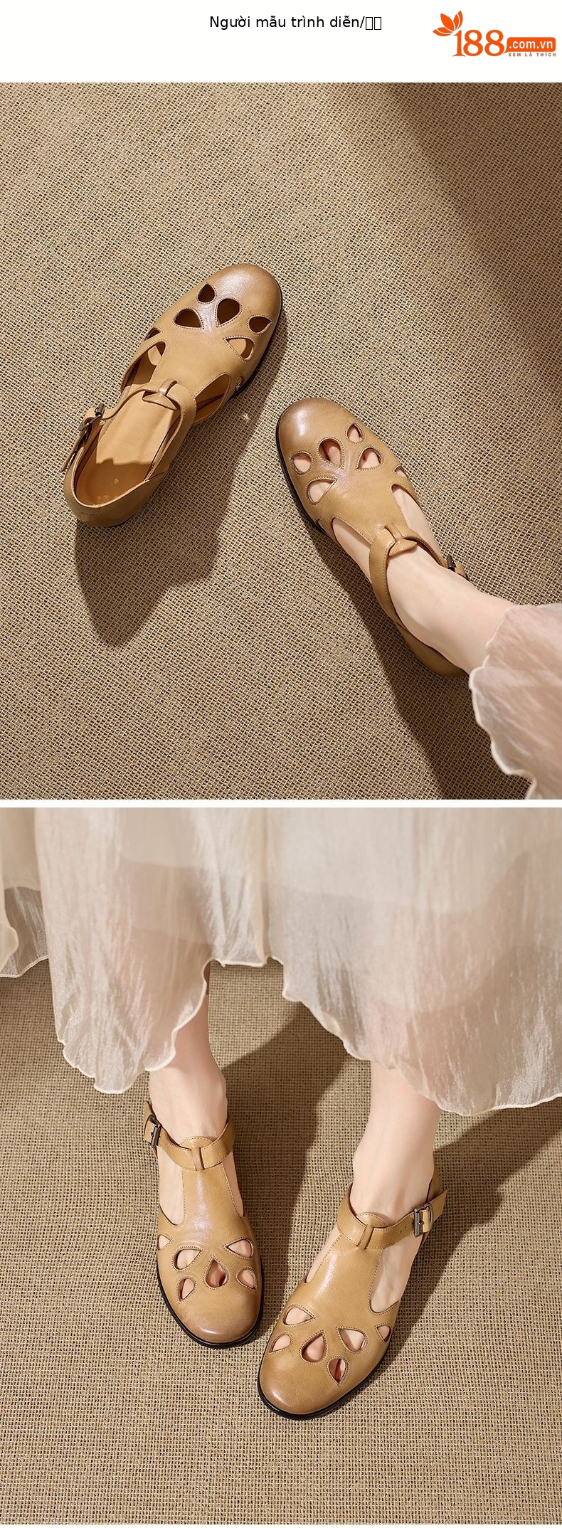 Sandal nữ da bò đục lỗ quai chữ T cổ điển, mũi kín gót bệt — màu nâu chi tiết 10