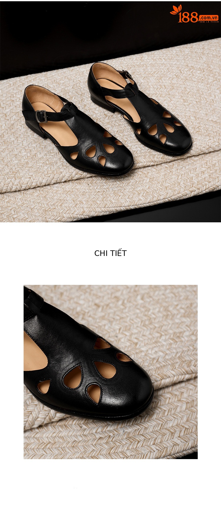 Sandal nữ da bò đục lỗ quai chữ T cổ điển, mũi kín gót bệt — màu nâu chi tiết 19