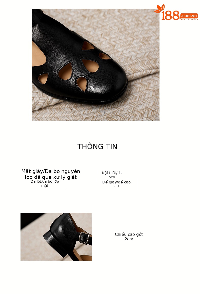 Sandal nữ da bò đục lỗ quai chữ T cổ điển, mũi kín gót bệt — màu nâu chi tiết 4