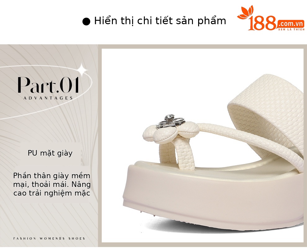 Dép sandal nữ xỏ ngón đế dày tăng chiều cao đính đá — 6127 Da đen, 6127 mét trắng chi tiết 6