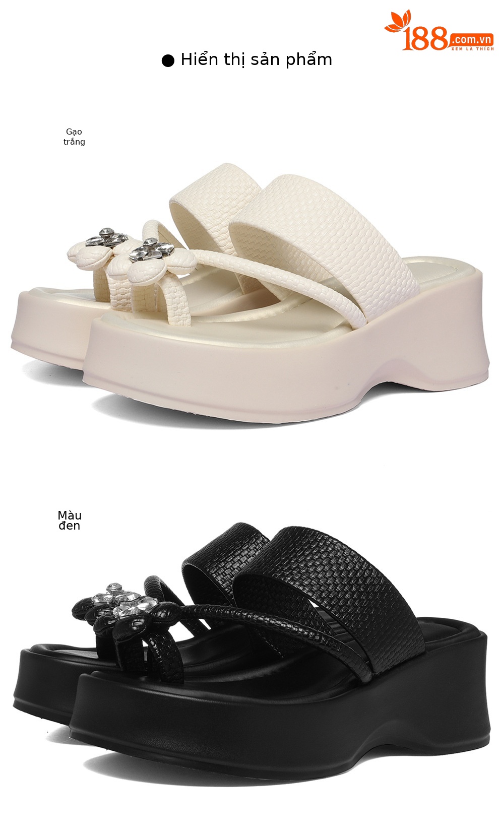 Dép sandal nữ xỏ ngón đế dày tăng chiều cao đính đá — 6127 Da đen, 6127 mét trắng chi tiết 9
