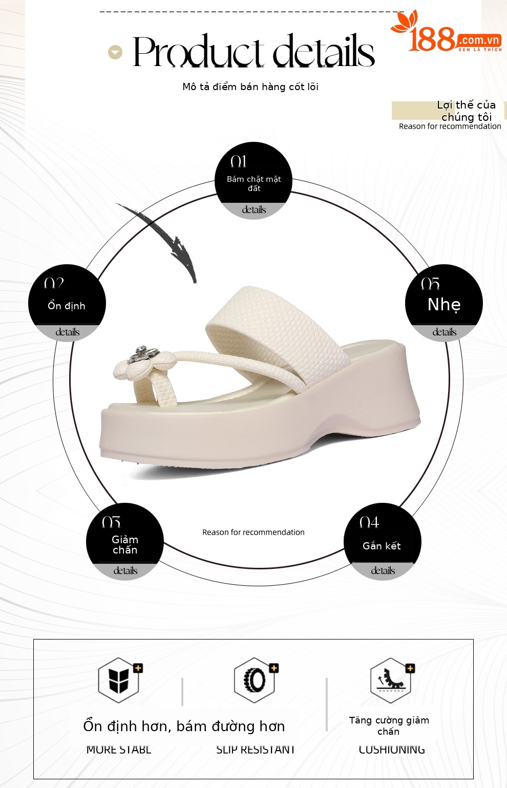Dép sandal nữ xỏ ngón đế dày tăng chiều cao đính đá — 6127 Da đen, 6127 mét trắng chi tiết 2