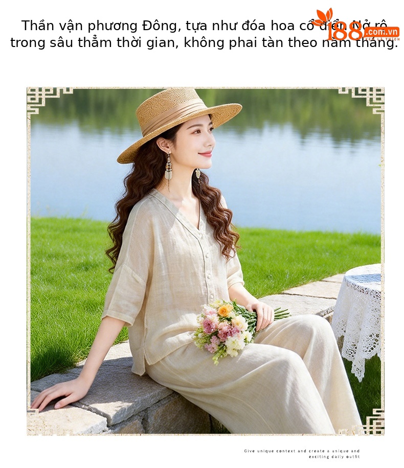 Bộ quần áo thể thao nữ cổ V phối quần ống rộng 2 món mùa hè 2026 — Xanh lông mòng đen, màu mơ chi tiết 5