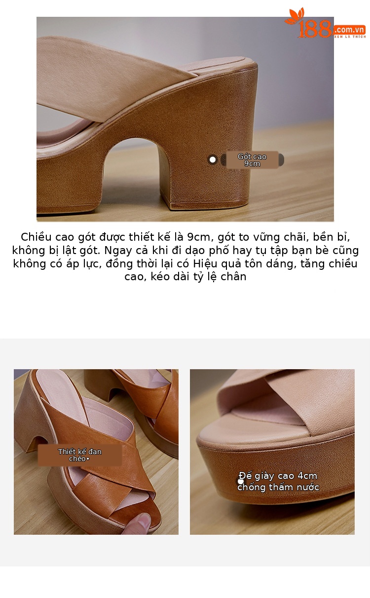 Sandal cao gót nữ hở mũi quai chéo đế xuồng gót 9 cm — màu be, màu nâu chi tiết 4