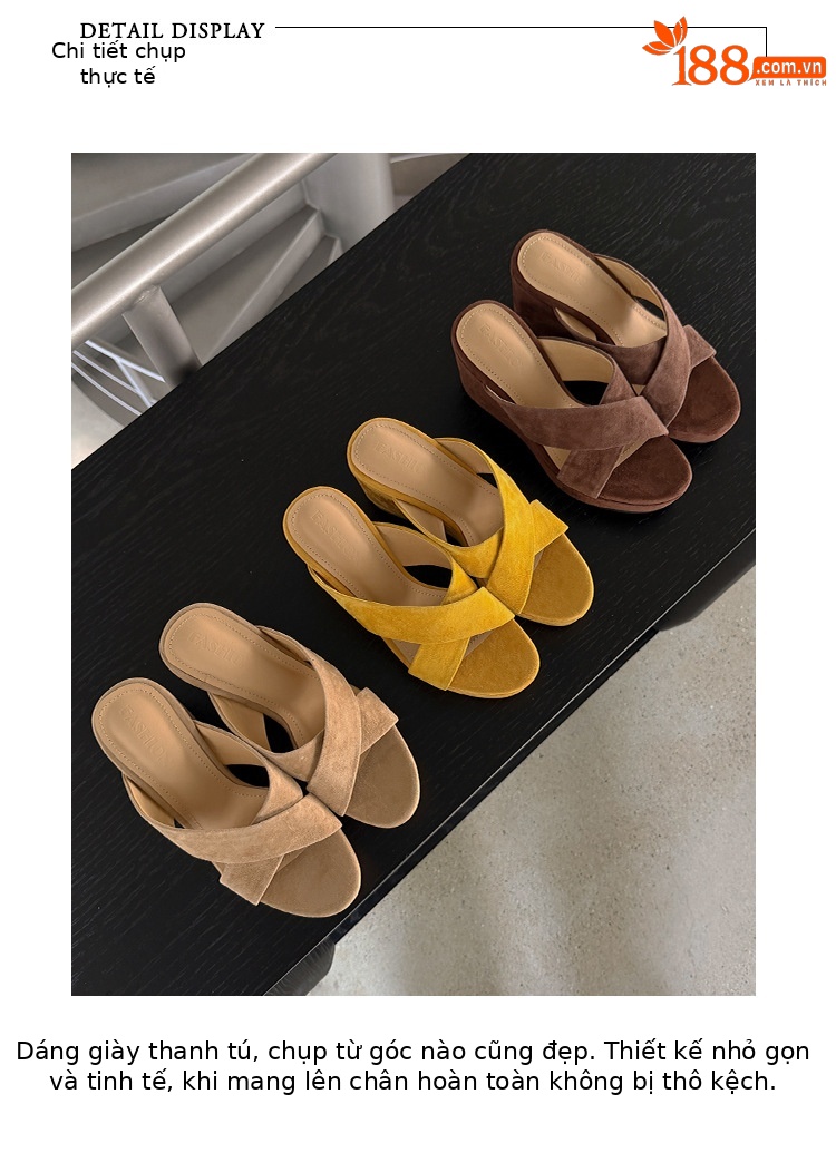 Sandal cao gót nữ mũi hở quai chéo da lộn, gót xuồng 7 cm — màu vàng, màu mơ, màu cà phê chi tiết 1