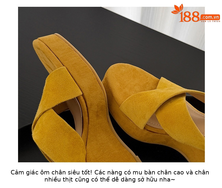 Sandal cao gót nữ mũi hở quai chéo da lộn, gót xuồng 7 cm — màu vàng, màu mơ, màu cà phê chi tiết 2
