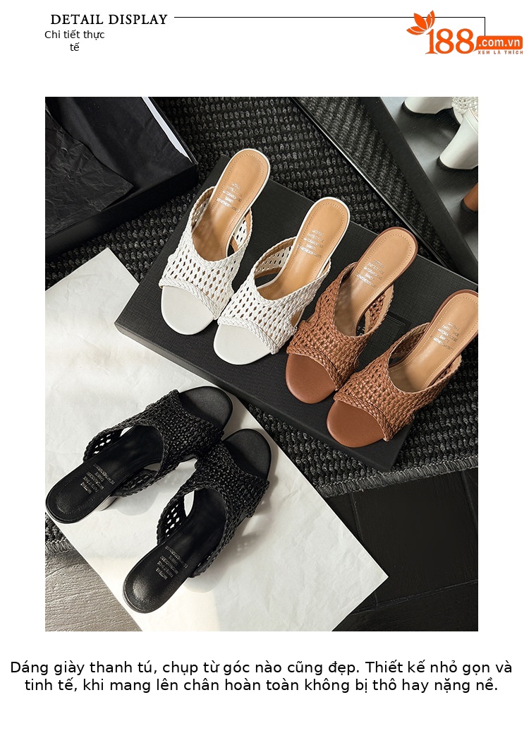 Sandal cao gót nữ hở mũi đan lát phong cách thiết kế độc đáo, gót nêm 9 cm — màu nâu, màu đen, màu trắng chi tiết 1