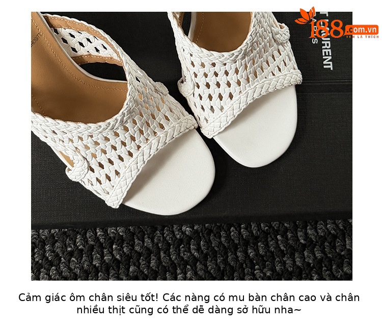 Sandal cao gót nữ hở mũi đan lát phong cách thiết kế độc đáo, gót nêm 9 cm — màu nâu, màu đen, màu trắng chi tiết 2