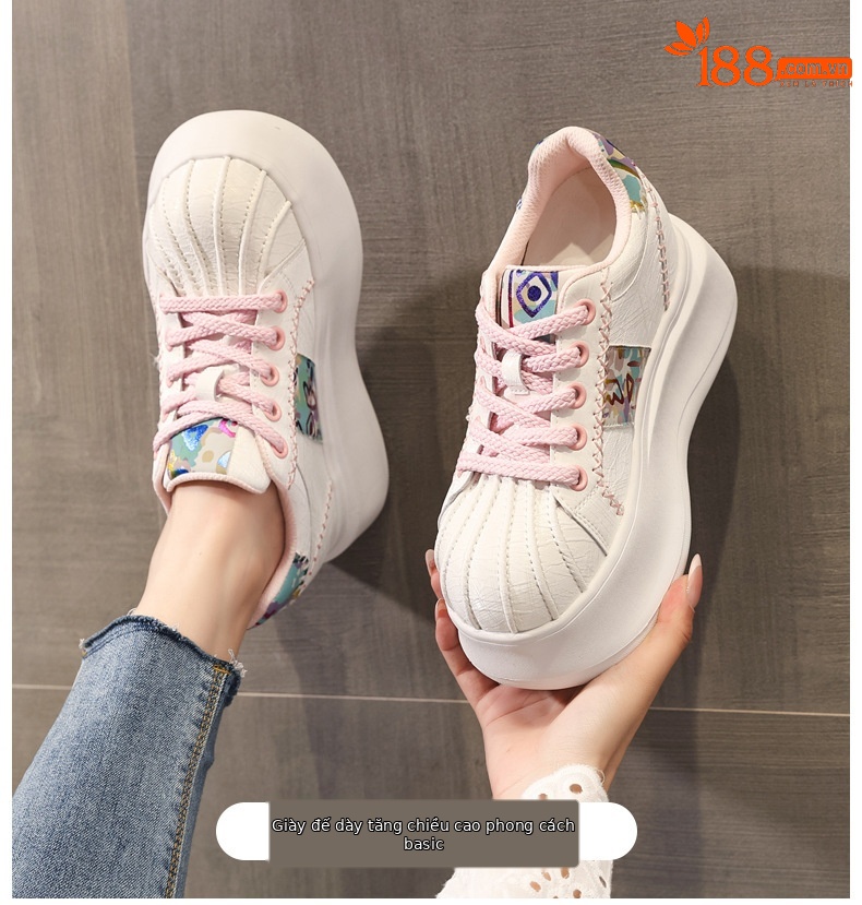 Giày sneaker nữ đế dày tăng chiều cao phong cách thể thao — Trắng hồng chi tiết 1