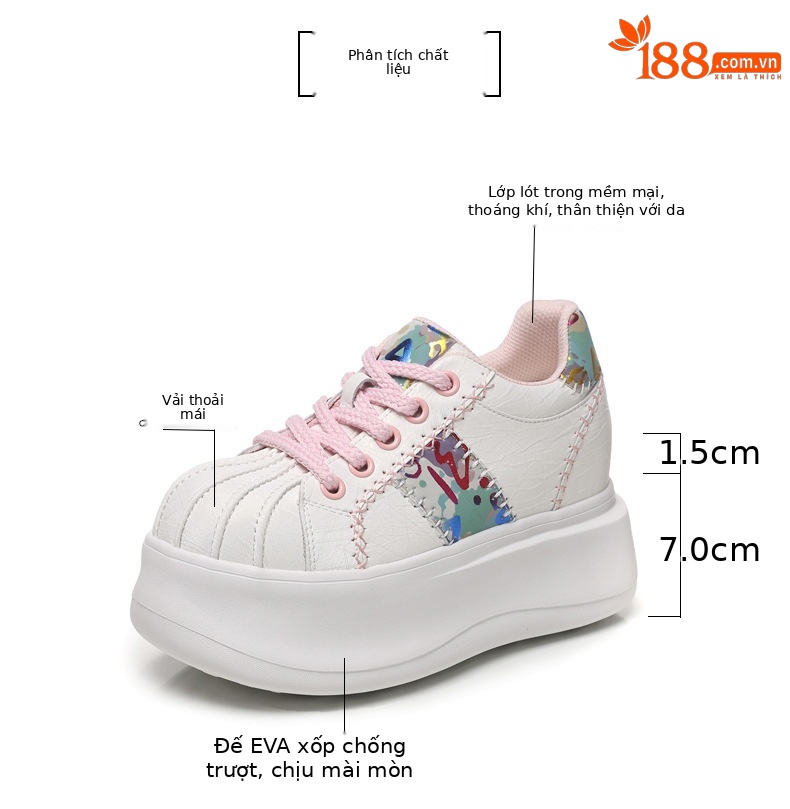 Giày sneaker nữ đế dày tăng chiều cao phong cách thể thao — Trắng hồng chi tiết 3