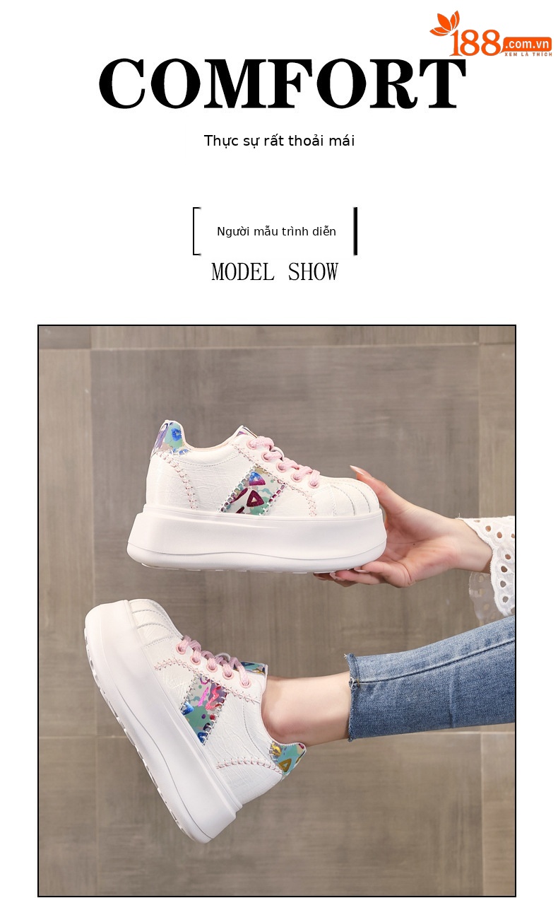 Giày sneaker nữ đế dày tăng chiều cao phong cách thể thao — Trắng hồng chi tiết 11