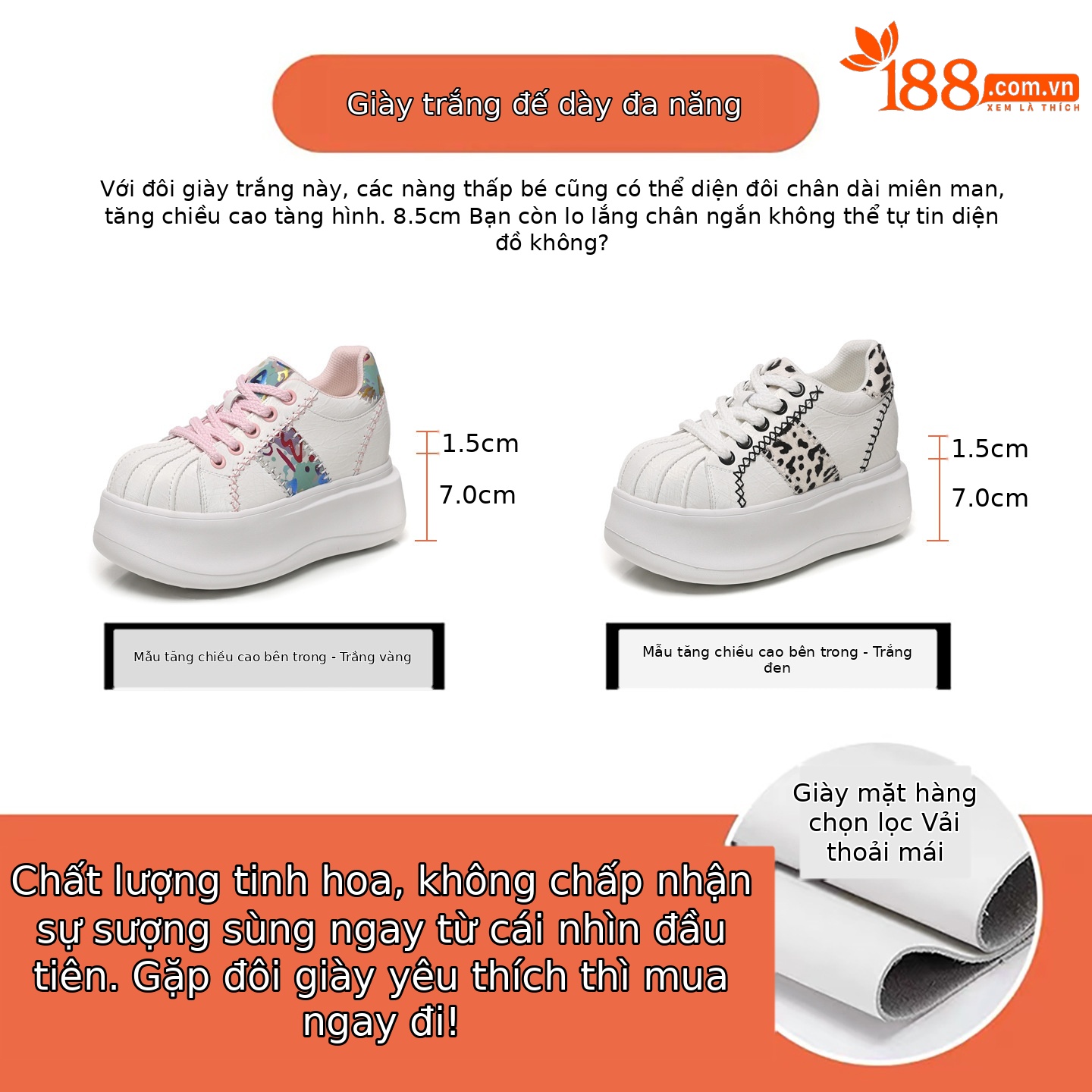 Giày sneaker nữ đế dày tăng chiều cao phong cách thể thao — Trắng hồng