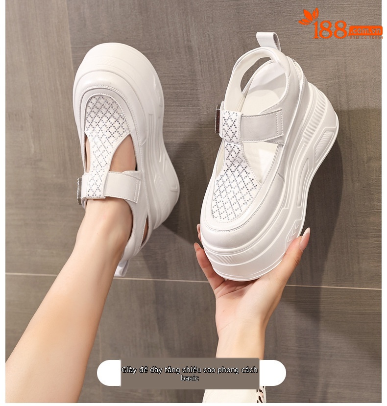 Sandal nữ đế dày tăng chiều cao, đính đá, thoáng khí, phối giày trắng mùa hè 2026 — màu trắng chi tiết 1