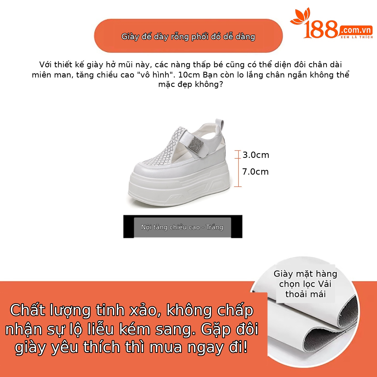 Sandal nữ đế dày tăng chiều cao, đính đá, thoáng khí, phối giày trắng mùa hè 2026 — màu trắng