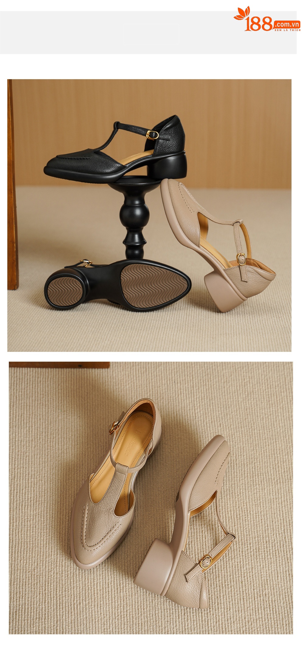 Sandal nữ quai chữ T gót vuông 5 cm mũi kín hở gót phong cách vintage — đen chi tiết 11