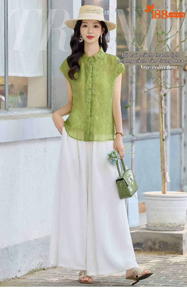 Bộ quần áo hai mảnh mới 2026 mùa hè: áo sơ mi không tay cổ Tàu phối quần ống rộng AH8637 — Màu ảnh chi tiết 1