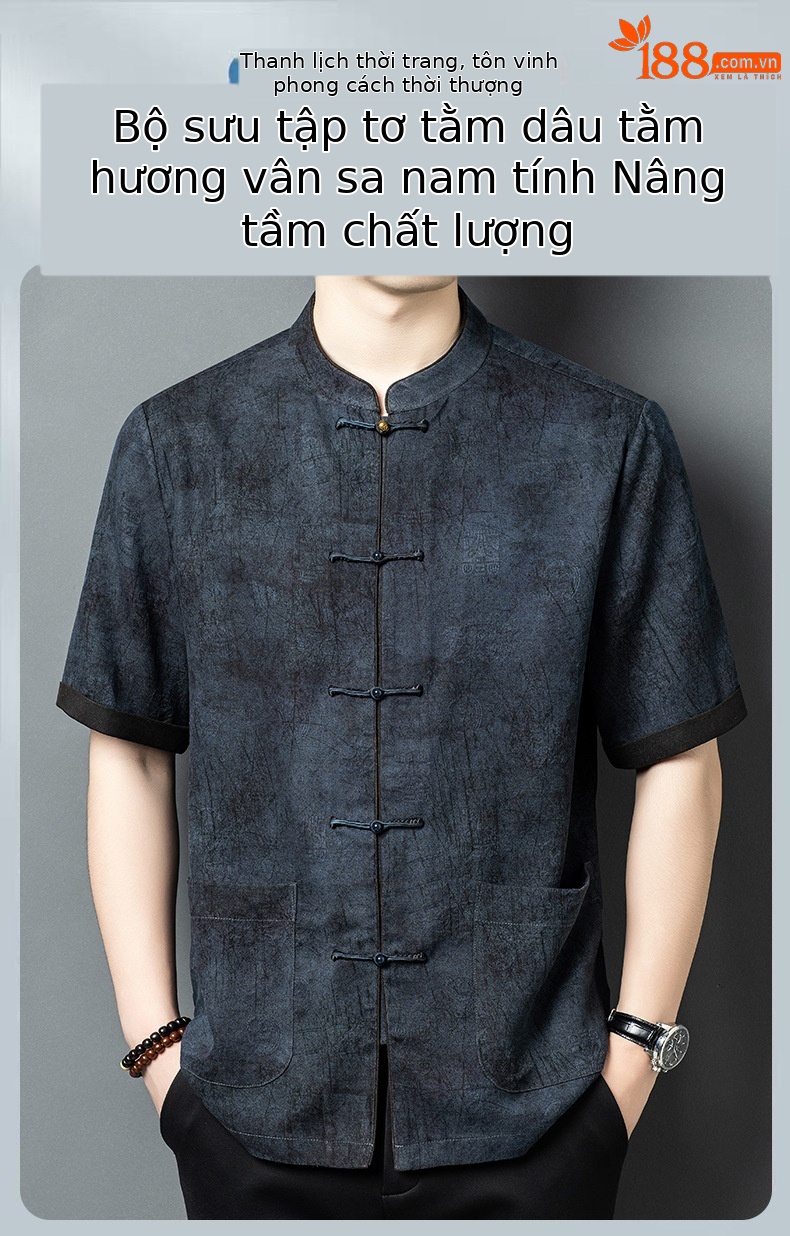 Áo thun nam tay ngắn lụa tơ tằm phong cách Trung Hoa cổ điển, chất liệu Mulberry Silk cao cấp — màu xanh da trời26201 chi tiết 1