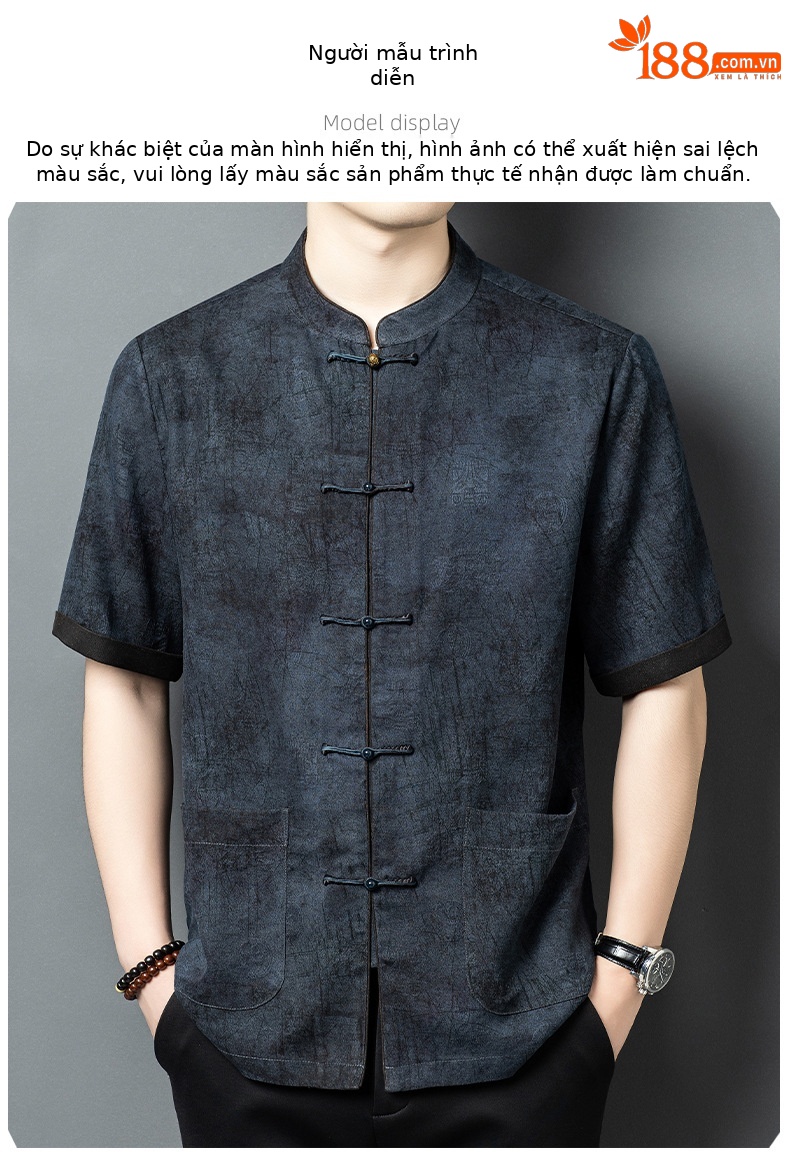 Áo thun nam tay ngắn lụa tơ tằm phong cách Trung Hoa cổ điển, chất liệu Mulberry Silk cao cấp — màu xanh da trời26201 chi tiết 9