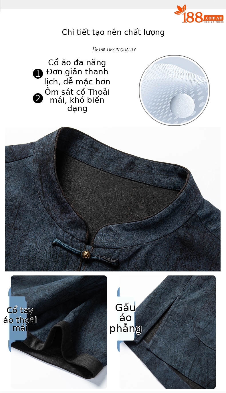 Áo thun nam tay ngắn lụa tơ tằm phong cách Trung Hoa cổ điển, chất liệu Mulberry Silk cao cấp — màu xanh da trời26201 chi tiết 6