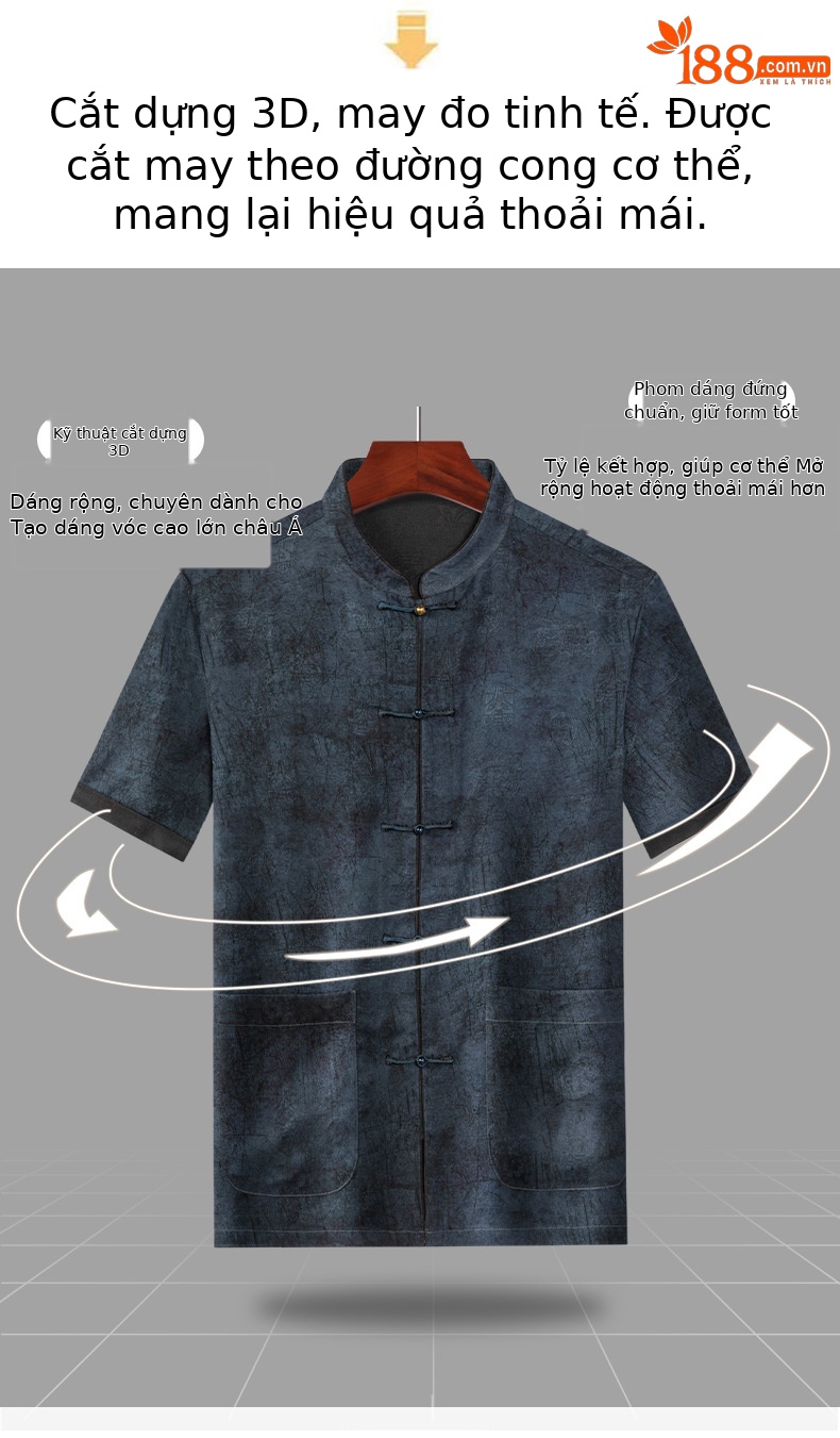 Áo thun nam tay ngắn lụa tơ tằm phong cách Trung Hoa cổ điển, chất liệu Mulberry Silk cao cấp — màu xanh da trời26201 chi tiết 8