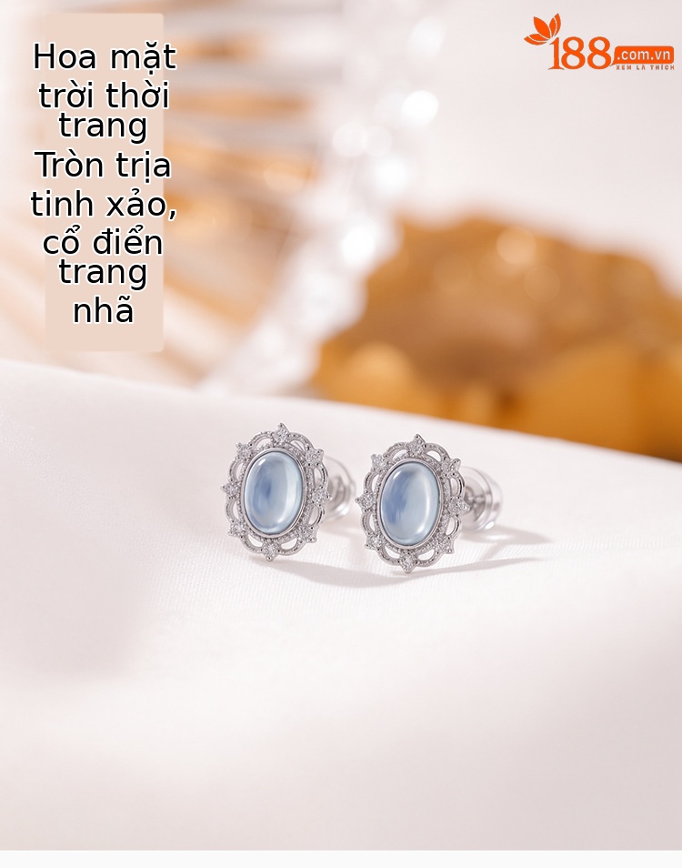 Khuyên tai bạc S925 đính đá xanh hình bầu dục phong cách đơn giản sang trọng — Cặp đôi chi tiết 1