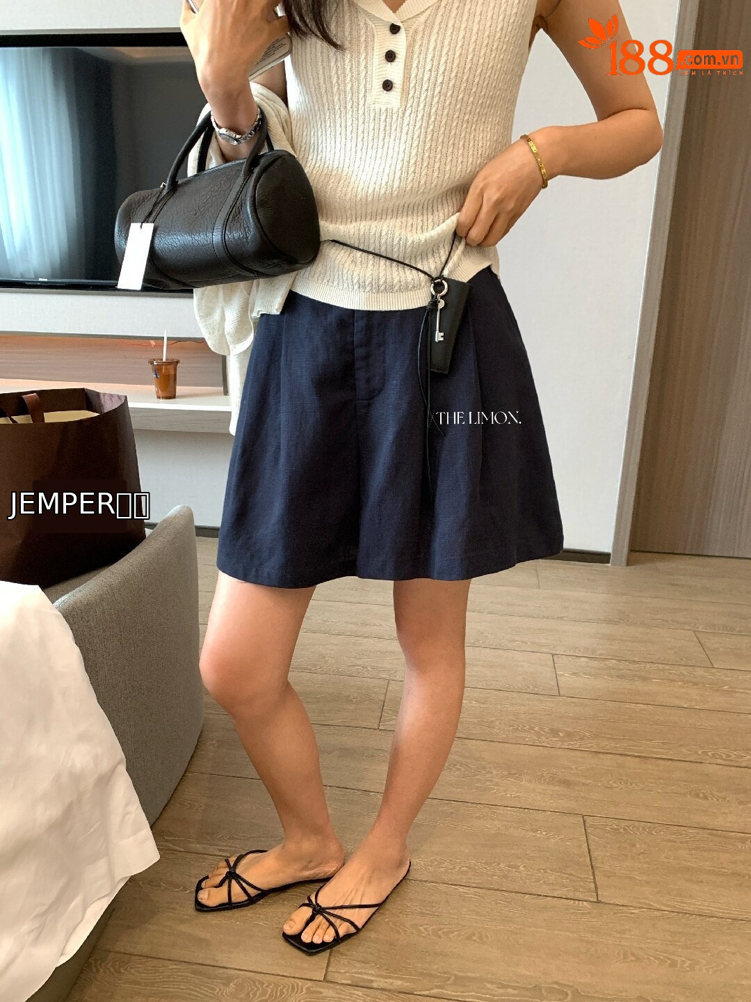 Quần short nữ cạp cao chất liệu tencel linen phối sợi, dáng suông rộng, tôn dáng, phong cách old money — màu sắc, Màu cà phê, màu trắng, Xanh da trờicolor chi tiết 16