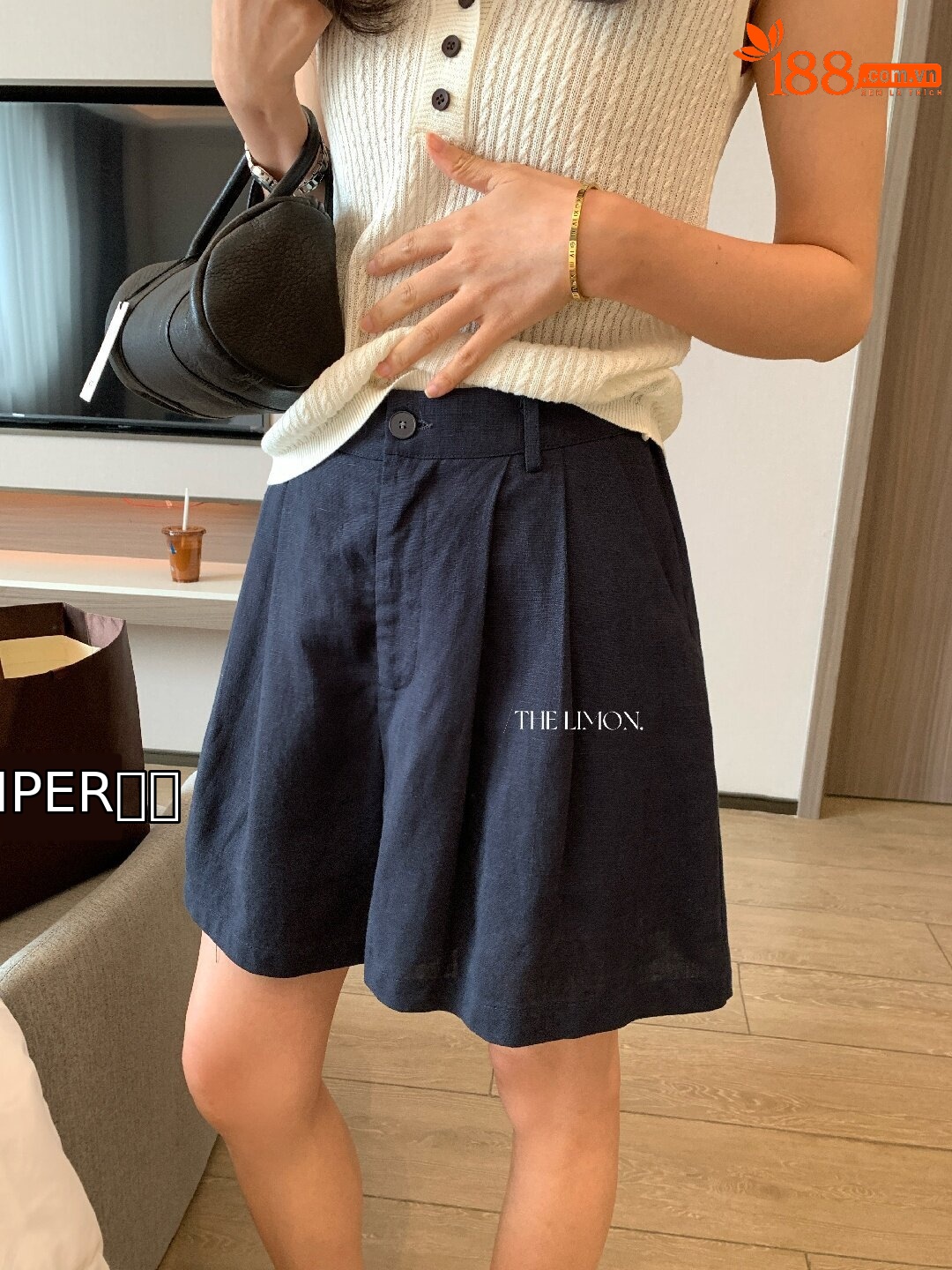 Quần short nữ cạp cao chất liệu tencel linen phối sợi, dáng suông rộng, tôn dáng, phong cách old money — màu sắc, Màu cà phê, màu trắng, Xanh da trờicolor chi tiết 17