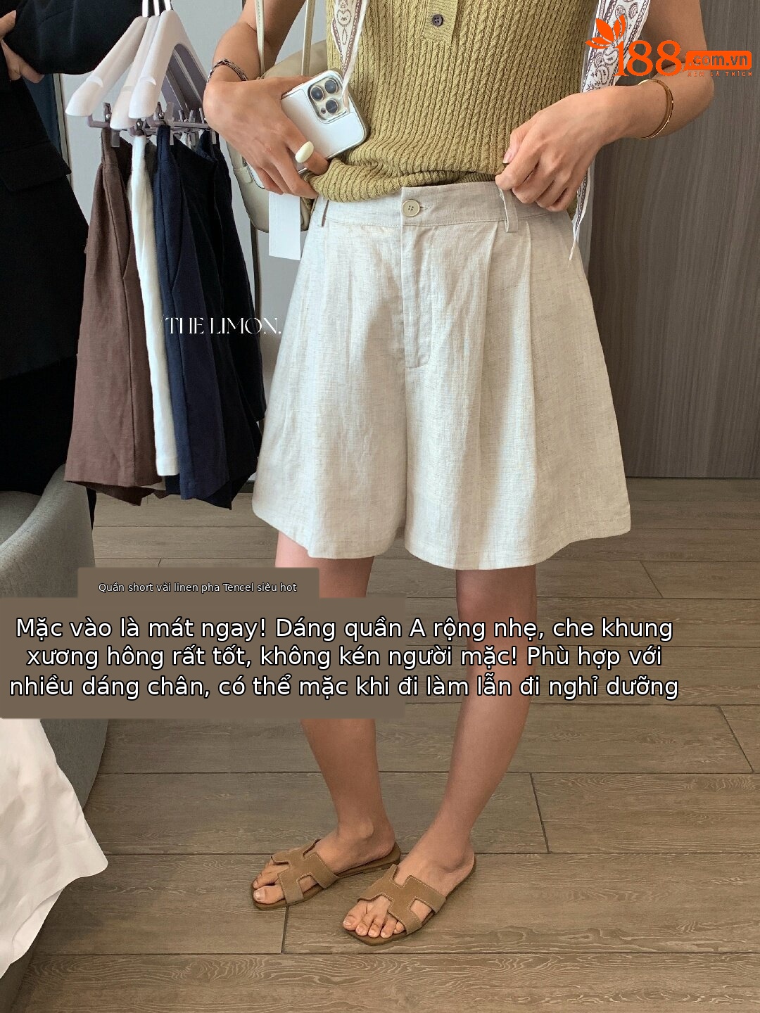 Quần short nữ cạp cao chất liệu tencel linen phối sợi, dáng suông rộng, tôn dáng, phong cách old money — màu sắc, Màu cà phê, màu trắng, Xanh da trờicolor chi tiết 40