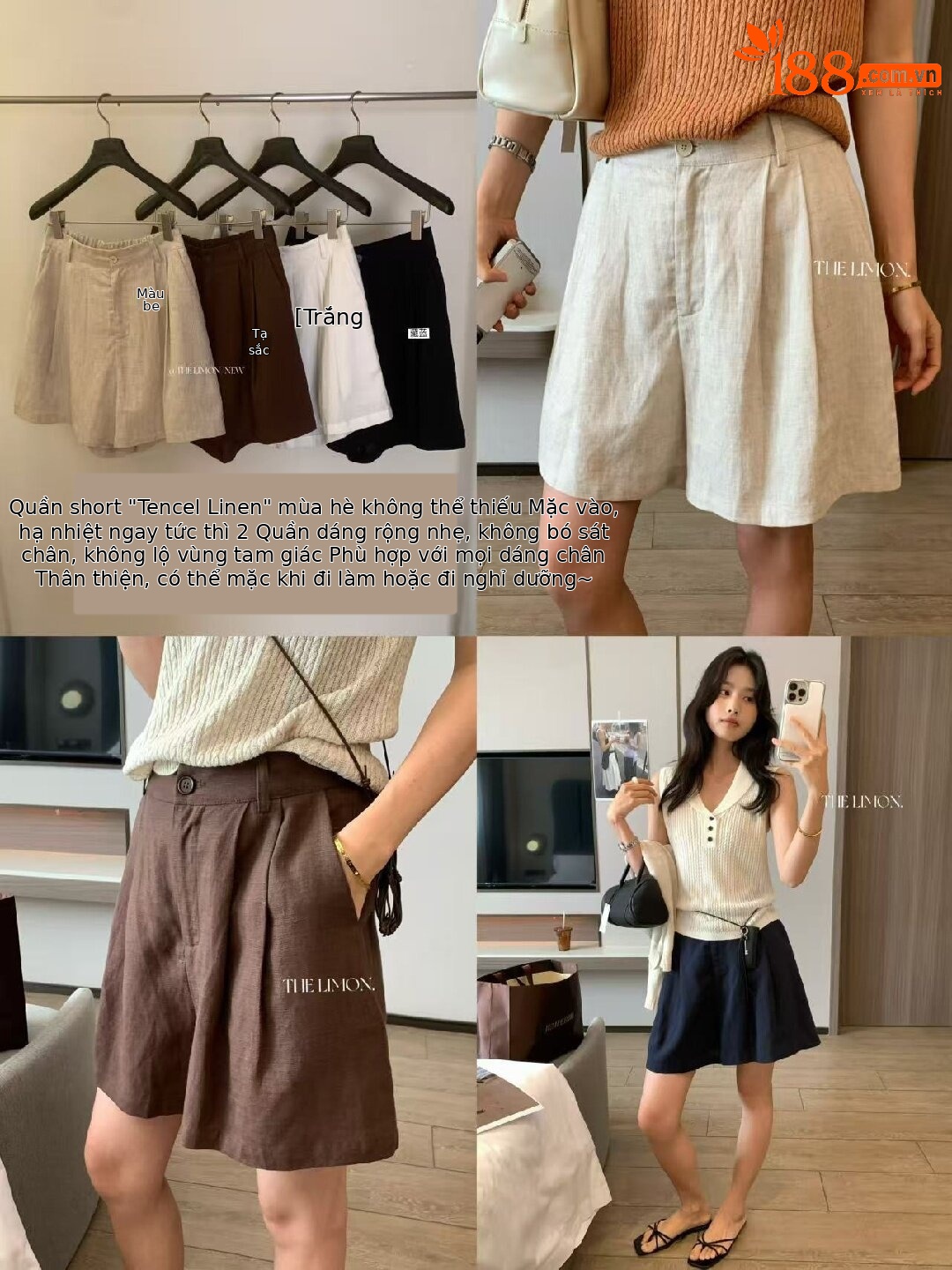 Quần short nữ cạp cao chất liệu tencel linen phối sợi, dáng suông rộng, tôn dáng, phong cách old money — màu sắc, Màu cà phê, màu trắng, Xanh da trờicolor chi tiết 1