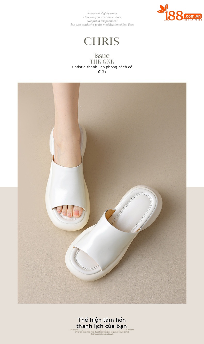 Dép sandal nữ quai chữ V đế dày da PU mũi hở — màu đen, màu trắng chi tiết 6