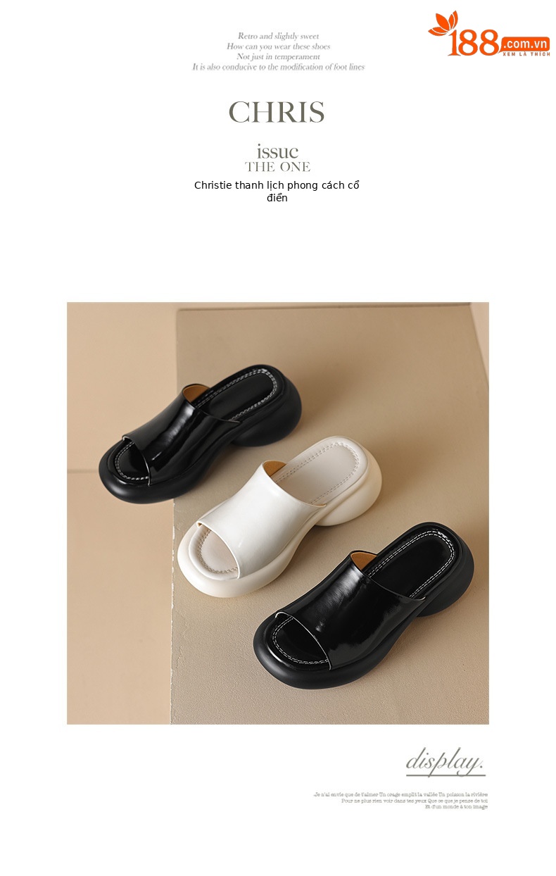 Dép sandal nữ quai chữ V đế dày da PU mũi hở — màu đen, màu trắng chi tiết 11