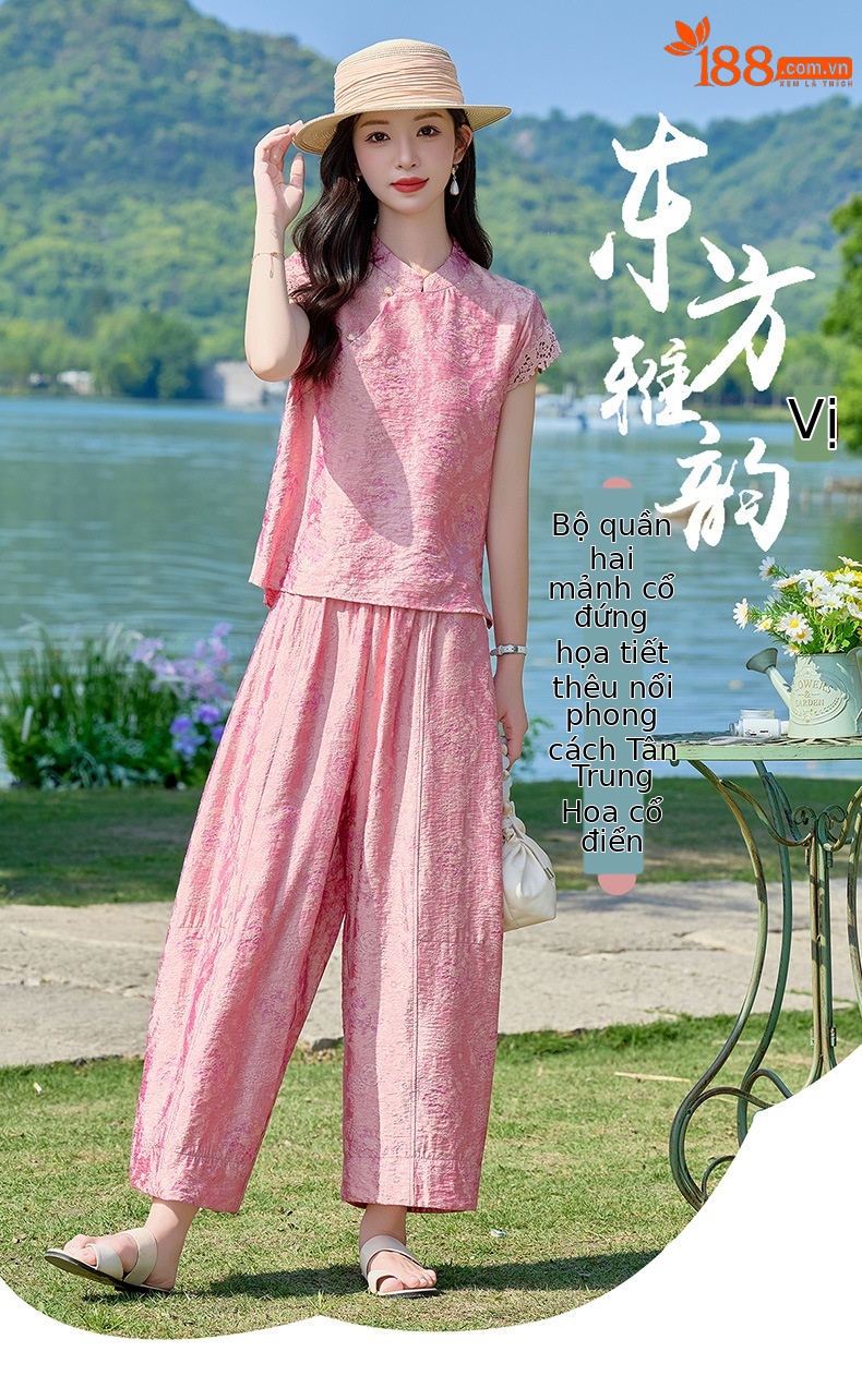 Bộ đầm maxi thắt eo họa tiết hoa nổi cổ điển phong cách Tân Trung Hoa — Hồng chi tiết 1