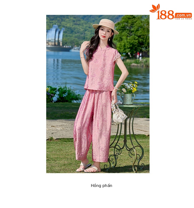Bộ đầm maxi thắt eo họa tiết hoa nổi cổ điển phong cách Tân Trung Hoa — Hồng chi tiết 5