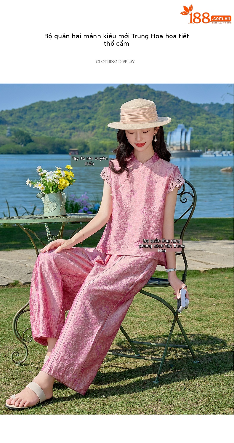 Bộ đầm maxi thắt eo họa tiết hoa nổi cổ điển phong cách Tân Trung Hoa — Hồng chi tiết 7