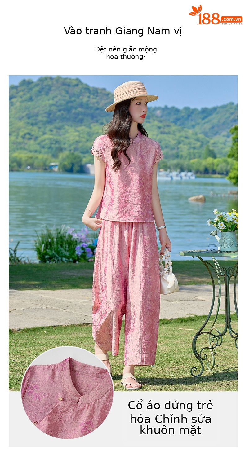 Bộ đầm maxi thắt eo họa tiết hoa nổi cổ điển phong cách Tân Trung Hoa — Hồng chi tiết 8