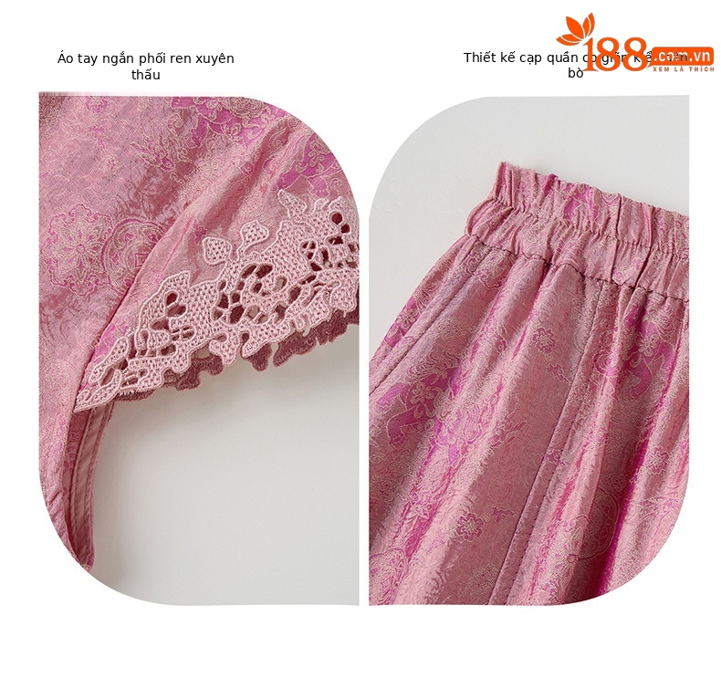 Bộ đầm maxi thắt eo họa tiết hoa nổi cổ điển phong cách Tân Trung Hoa — Hồng chi tiết 9