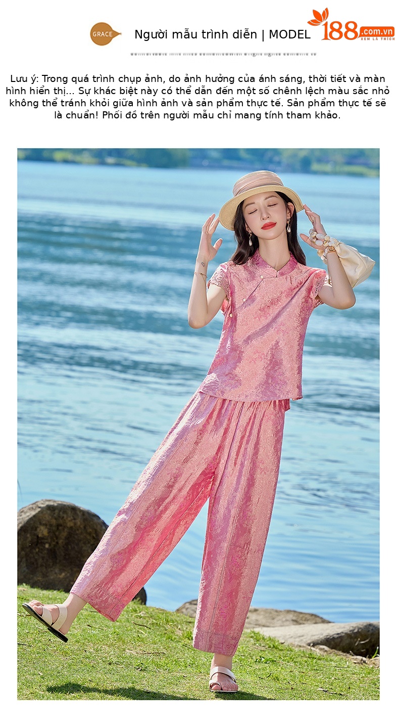 Bộ đầm maxi thắt eo họa tiết hoa nổi cổ điển phong cách Tân Trung Hoa — Hồng chi tiết 12