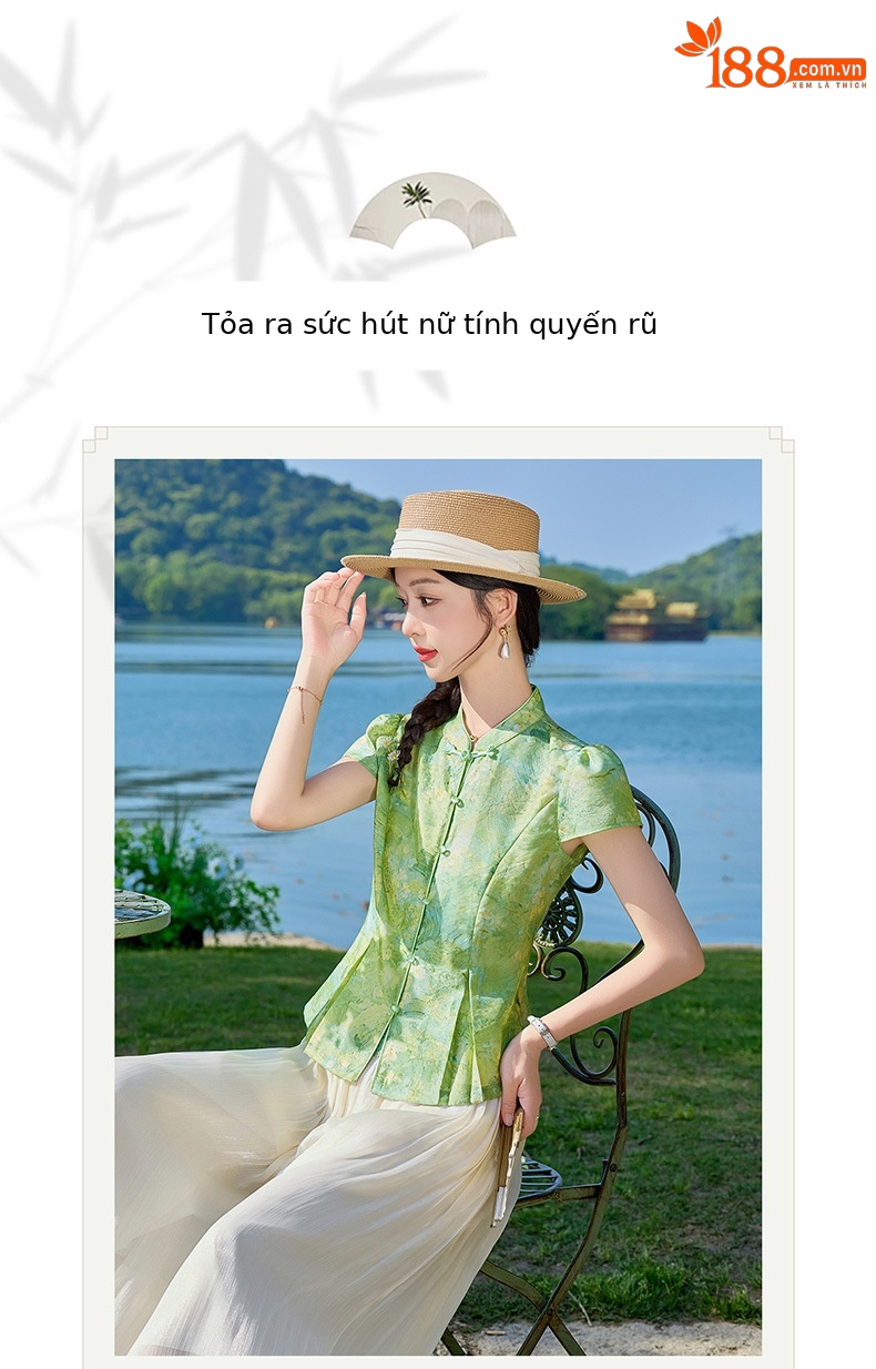 Bộ quần áo nữ mùa hè 2026 sơ mi cổ đứng họa tiết jacquard + quần ống đứng hai mảnh ZQ620 — Màu ảnh chi tiết 5
