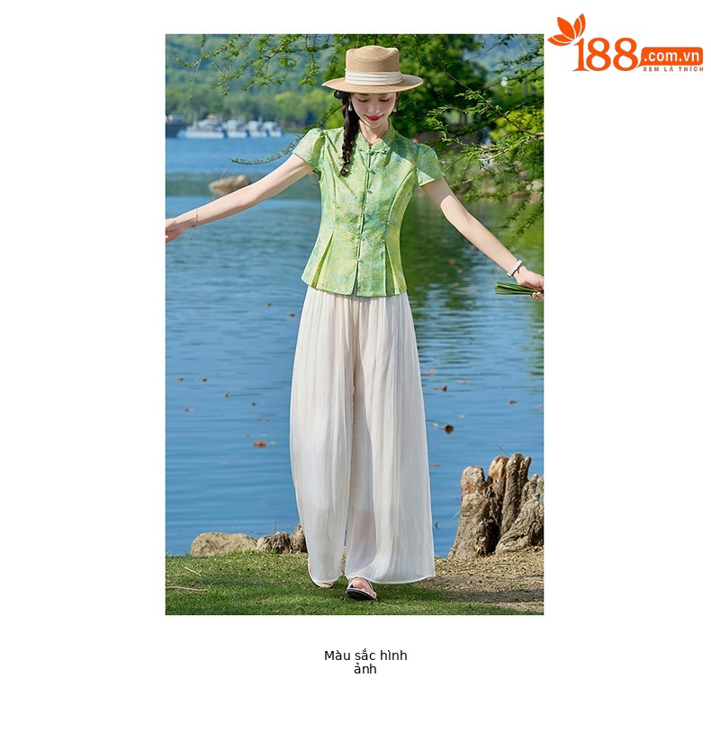 Bộ quần áo nữ mùa hè 2026 sơ mi cổ đứng họa tiết jacquard + quần ống đứng hai mảnh ZQ620 — Màu ảnh chi tiết 12